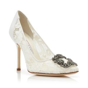 Manolo Blahnik HANGISI Light Cream Lace Jewel Buckle Pumps